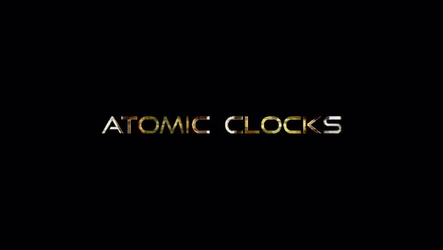 Atomic Clocks glitch gold text effect illustration on Black Background. Element for Isolated transparent video animation text with alpha channel using Quick time prores 444