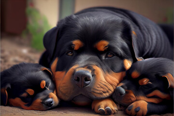 Adorable and fluffy mother Rottweiler with her cute little puppies | Mother Rottweiler loving her puppies | Generative Ai | Hyper realistic | Mother's love