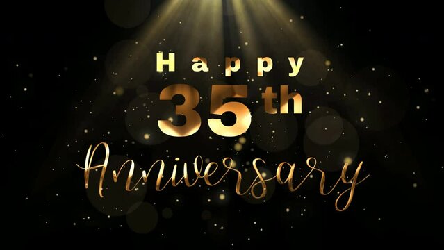 Happy 35th Anniversary animation text in gold color on particles glitter background. Suitables for anniversary greeting card. 4k video.