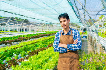 smart young Asian farmer records the quality and quantity of an organic hydroponic vegetable garden.