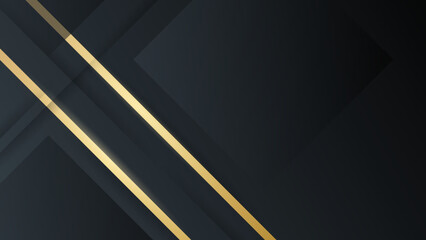 Abstract black geometric background with gold lines. Golden invitation, brochure or banner with minimalistic geometric style. Gold lines, Glitter, Frame, Vector Fashion Wallpaper, Poster, Blackboard.