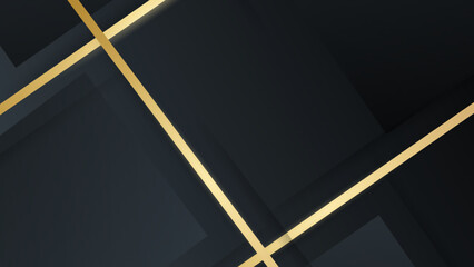 Abstract black geometric background with gold lines. Golden invitation, brochure or banner with minimalistic geometric style. Gold lines, Glitter, Frame, Vector Fashion Wallpaper, Poster, Blackboard. - obrazy, fototapety, plakaty