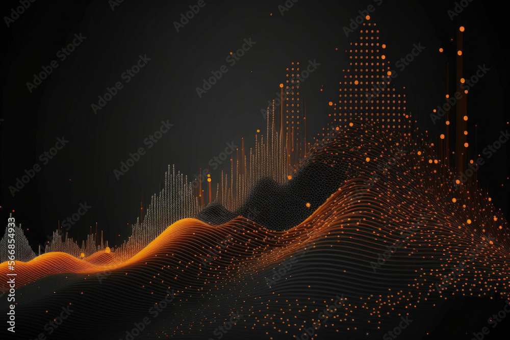 Sticker digital wave with dots in the future. dark Internet. Background music is abstract. Particle flow visualization of large amounts of data. Generative AI