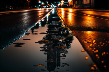 A puddle of water on a city street at night, Generative Ai