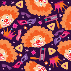 Carnival, Mardi Gras. Festive circus  clown,  rhomb ,mask seamless pattern for invitation,  poster, website background, wrapping, textile  Vector illustration