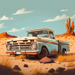 Illustration of an Old rusty vintage pickup in the middle of the desert. - obrazy, fototapety, plakaty
