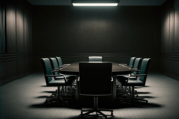 Fototapeta premium A large conference table surrounded by empty chairs in a dimly lit meeting room, generative ai
