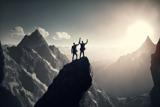 Business partners on top of mountain celebrating a successful climb, generative ai