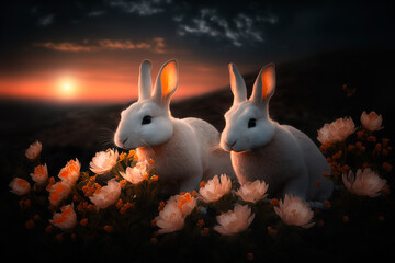 beautiful white rabbits at sunset. Generative AI