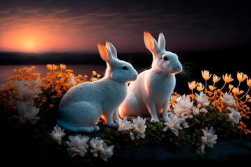 beautiful white rabbits at sunset. Generative AI