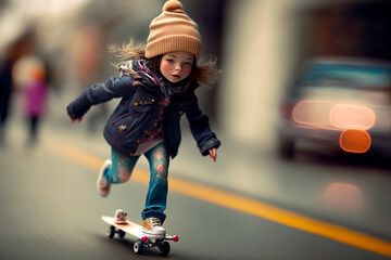 little girl on her skateboard. Generative AI