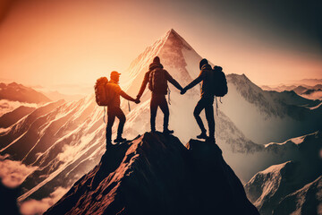 Motivated team of climbers holding hands on a mountain peak, generative ai