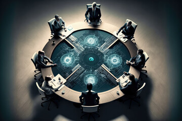 Stylish executives gather around a futuristic table for a strategy session, generative ai