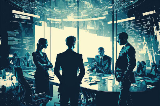 Stylish executives in a high-tech conference room, strategizing for success, generative ai