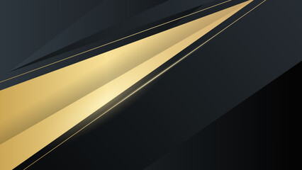 Black abstract background with 3D gold decorative curve lines. Golden light effect. Vector illustration.