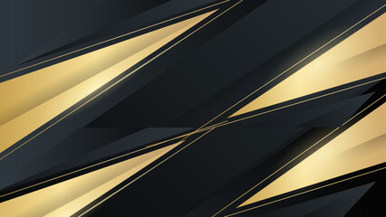 Black abstract background with 3D gold decorative curve lines. Golden light effect. Vector illustration.