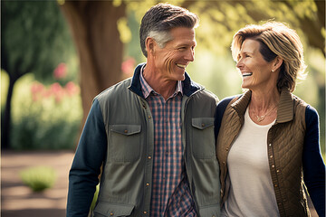 Fototapeta premium Beautiful happy middle aged love couple outside in a park (AI Generated)