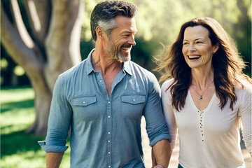 Fototapeta premium Beautiful happy middle aged love couple outside in a park (AI Generated)