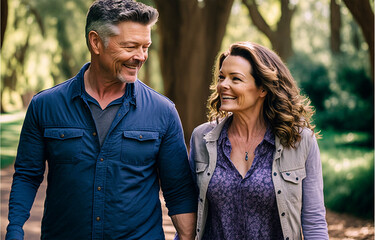 Fototapeta premium Beautiful happy middle aged love couple outside in a park (AI Generated)