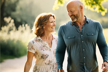 Obraz premium Beautiful happy middle aged love couple outside in a park (AI Generated)