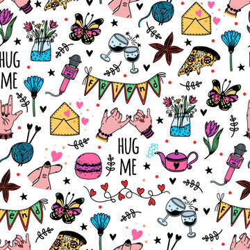 Friendship seamless vector pattern. Best friend, buddy, besties. Symbols of good relations - pinky oath, tea party, messages, likes, karaoke, support. Flat cartoon doodles. Background for cards, web