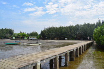 Fototapeta na wymiar Perspective view of wooden pier on the beach. Little bridge over the water
