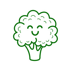 Cute happy smiling funny broccoli vegetable kawaii character. Vector modern line style cartoon icon isolated on white background. Healthy food concept.