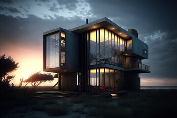 Modern house with panoramic windows in the beach, AI Generative