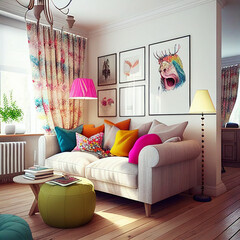 White walls, aged wooden flooring, simple sofa with colorful cushions, wall-mounted TV, lightweight fabric curtains, wooden center table with magazines, comfortable armchair, table lamp with shade, si