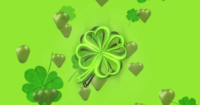 Animation of st patrick's day shamrock and green hearts on green background