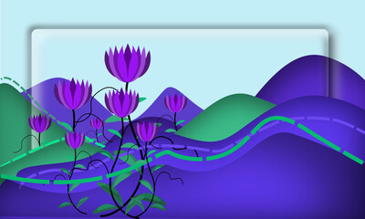 Purple flowers and landscape background, vector background design, vector flowers, card, poster design