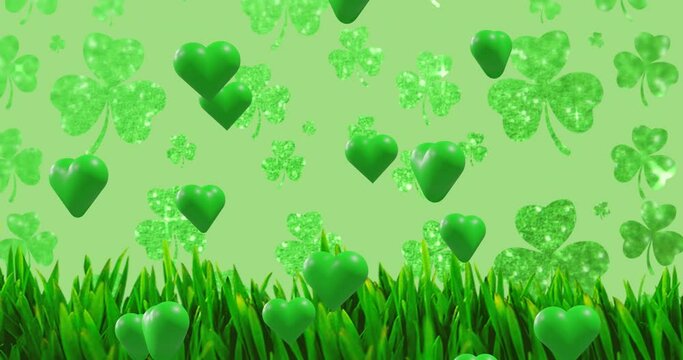 Animation of st patrick's day shamrock and green hearts on green background