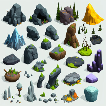 stone, rocks, and cavern set of videogame sprite assets isolated on a white background Generative Ai