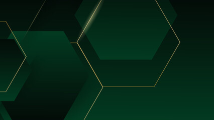 Modern simple dark green hexagon background and golden light, golden lines.