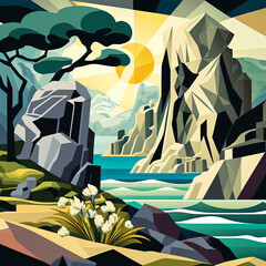 colorful landscape psychedelic pop art deco and cubism style illustration 