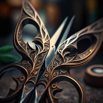 surreal vintage butterfly shaped scissors with steampunk style engravings Generative Ai