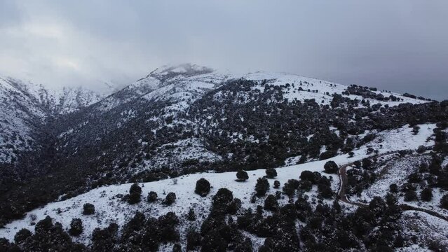 Winter wonderland, snowy mountain in Monte Linas natural Park, aerial drone