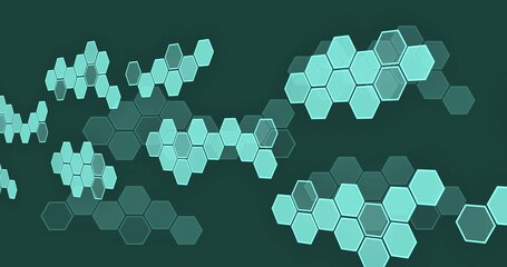 Animation of scientific data processing with hexagons on green background - Powered by Adobe