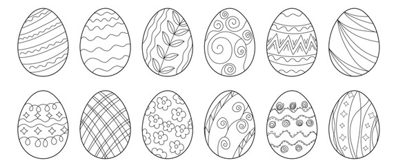 Set of many drawn Easter eggs on white background