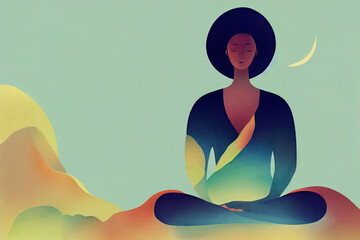 Hand-drawn digital illustration of a woman doing yoga meditation, a calm healing atmosphere, can be used for banner background, or healthy sports marketing campaign.