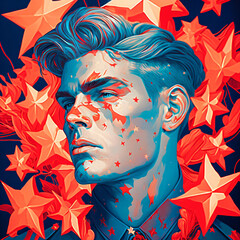 Naklejka premium pop art portrait illustration of a handsome man surrounded by stars isolated on a blue background Generative Ai