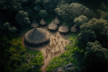 Fototapeta na wymiar Aerial view of indigenous tribe huts in forest, Digital illustration, Generative AI 
