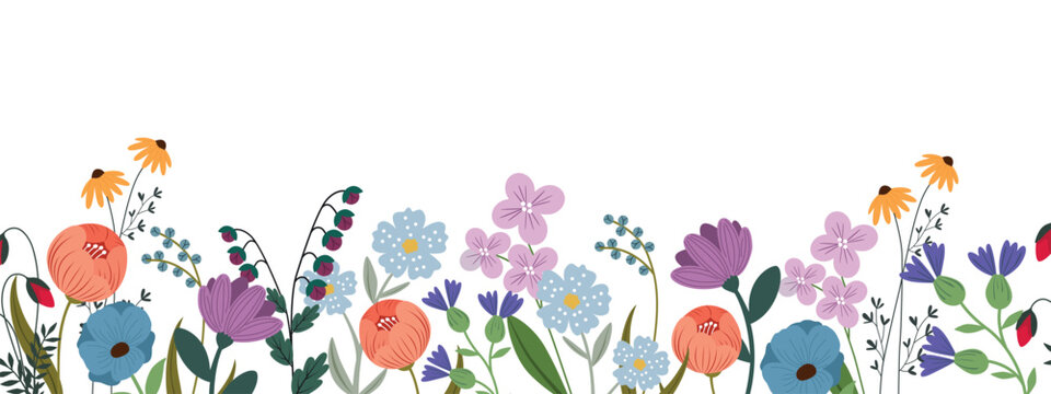 Beautiful Spring Flowers On White Background. Banner For Design