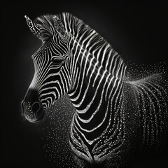 pointillism style black and white illustration of a zebra  isolated in a black background Generative Ai