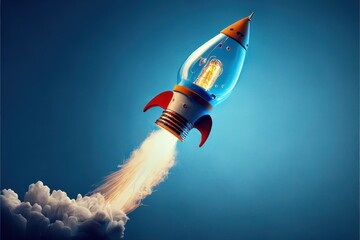 Naklejka na ściany i meble Lightbulb shaped rocket in launch, blue background success ideas concept, startup concept, 3D illustration, Generative AI