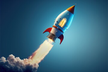 Fototapeta premium Lightbulb shaped rocket in launch, blue background success ideas concept, startup concept, 3D illustration, Generative AI