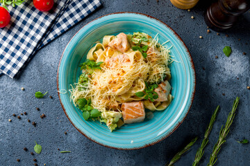 fettuccine with salmon and parmesan top view