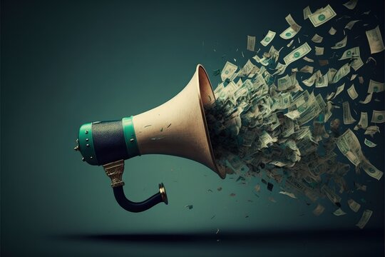 Megaphone dropping money, megaphone isolated on green background, Generative AI
