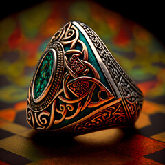 emerald ring for a man isolated with intricate gold Irish engravings generative ai