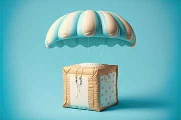 Parcel with parachute. Package with order. blue background. Digital illustration, Generative AI

